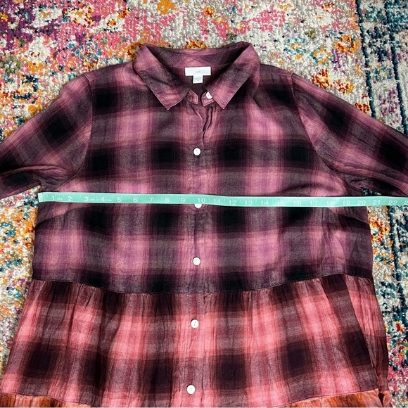 J. Jill Top Women’s Ombré Pink Orange Flannel Plaid Button Up Long Sleeves Tunic - Picture 9 of 10